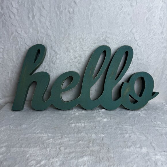 Wooden "Hello" Sign Teal Distressed Finish Wall Decor Chunky Country Rustic - Picture 1 of 7